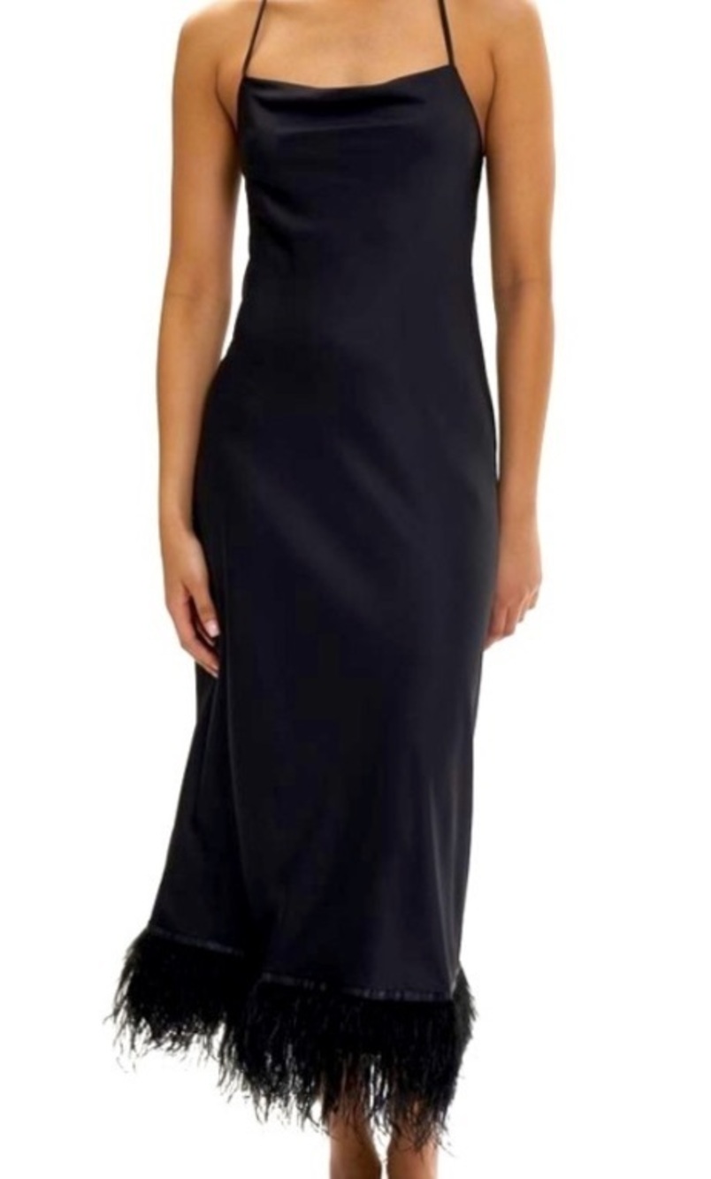 Ellison Black Satin Midi Dress Feather Trim